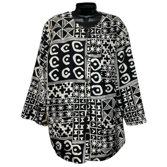 VINTAGE TRIBAL GRAPHIC BLAZER 1980s 1990s BOHO 100% SILK BY ADRIENNE VITTADINI L - Picture 1 of 4